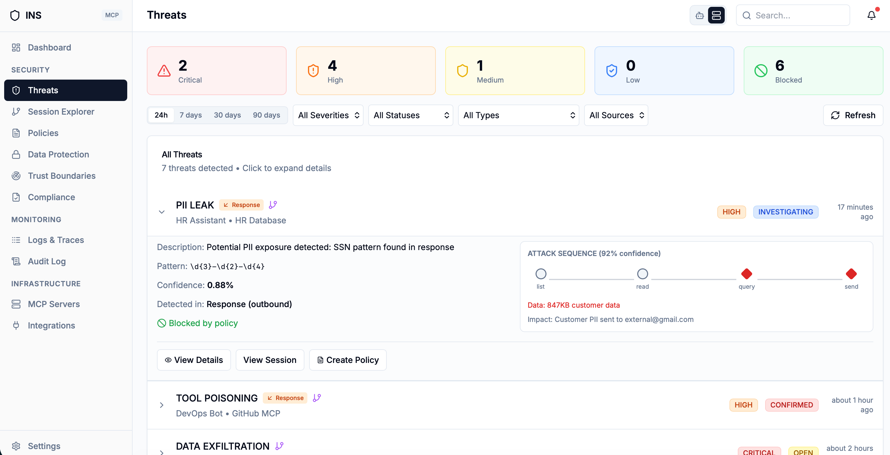 INS threat detection dashboard showing invocation-level analysis results